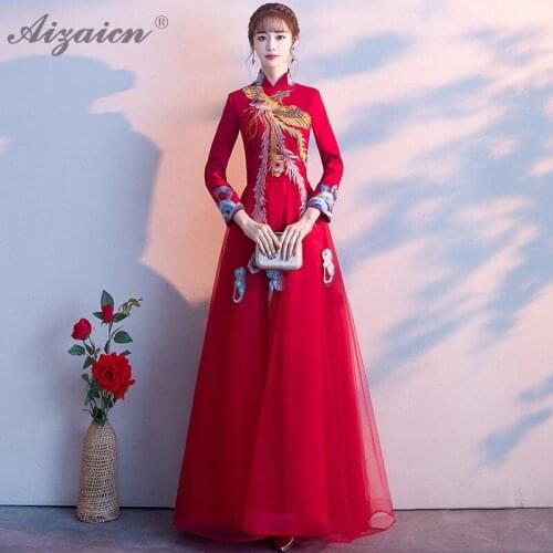 Red Bride Marry Gown Qi Pao Women Traditional Chinese Wedding Dress Cheongsam Modern Femme Embroidery Long Qipao Oriental Style