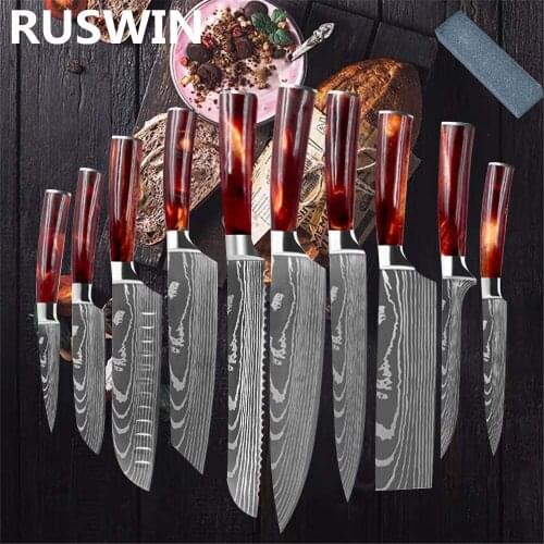 1-10PCS kitchen knives Set Laser Damascus pattern chef knife Sharp Santoku Cleaver Slicing Utility Chef Knives Red Resin Handle