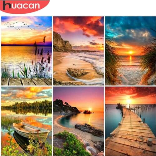 HUACAN Diamond Art Painting Seaside Landscape Cross Stitch Full Drill Diamond Mosaic Sunset Wall Decoration