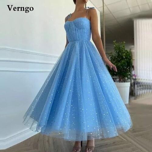 Verngo Sparkly Blue Tulle Stars A Line Prom Dresses Spaghetti Straps Party Dress Ankle Length Maxi Graduation Dress Dance Skirt