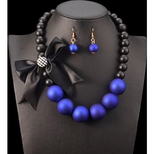 Big Blue Bib Beads Necklace Set Ribbon Flower Necklaces Earrings Statement Chokers Nigerian Indian Pearl Jewelry Sets for Women