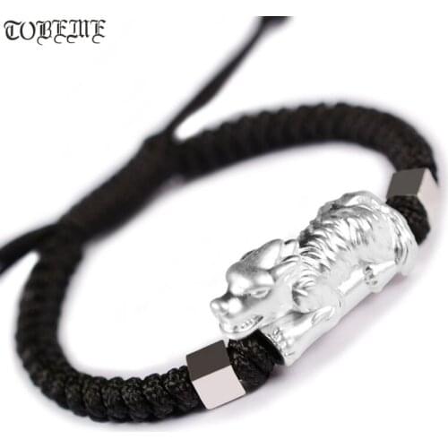 Handcrafted 999 Silver Wolf-Bead Bracelet Braided Pure Silver Bracelet Power Man Bracelet