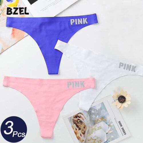 BZEL 3Pcs/Lot Sexy Women Silk Panties Set Underwear Seamless Sport PINK Letter Thong Low Waist G-String Soft Lady Lingerie Tanga