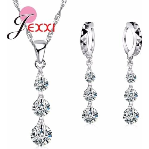 Classic Genuine 925 Sterling Silver Chain Cubic Zirconia Long Tassel Necklace Earrings Jewelry Sets For Women Ladies Gift