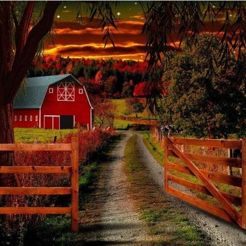 Pure Country Evening Tree Red Barn Fence Tree sunset photo backdrop Computer print children kids background