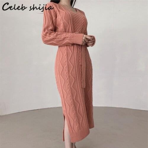 Argyle Long Sweater Woman Dress Autumn V-neck Lace Up Elegant Split Knitted Maxi Dress Female Winter Korean Woolen Vestido pink
