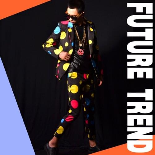 Hot 2020 New Men Clothing Fashion Slim Dj Color Dot Blazer Suit Plus Size Jackets Mens Dancing Party Suits