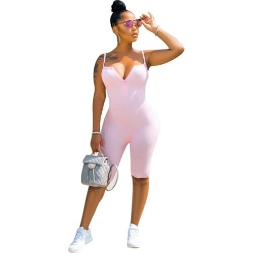 Summer Zipper V Neck Ribbed Bodycon Playsuit Sexy Fitness Sportswear Sleeveless Biker Shorts Backless Rompers Womens Jumpsuit