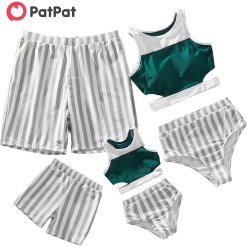 PatPat 2021 New Arrival Summer Family Look Color Block Tank Top and Stripe Shorts Matching Swimsuits