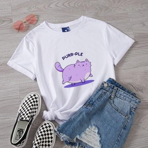 Oversized Fashion Vintage T Shirt for Girl Purple Cat Printed Female Tees Cotton Harajuku Top Tshirt Ladies Cute Korean Clothes