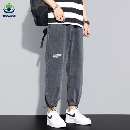 2021 Jeans Men New Korean Street Style Tie feet Wide Leg Loose Mid Straight Vintage Gray Pants Trend Mens Trousers Brand Clothes