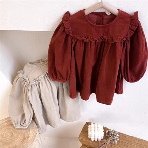 2021 autumn new product shirt girls puff sleeve corduroy long sleeve shirt toddler girl puff sleeve top