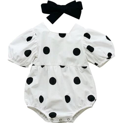New Infant Short Sleeve Romper + Bow Headband, Polka Dot Printing Sweet Style Summer Clothing