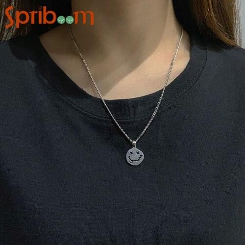 Hip Hop Necklaces for Men Women Smiling Face Pendant Necklace Kpop 2021 Trend Jewelry Gothic Chain On Neck Couple Gift