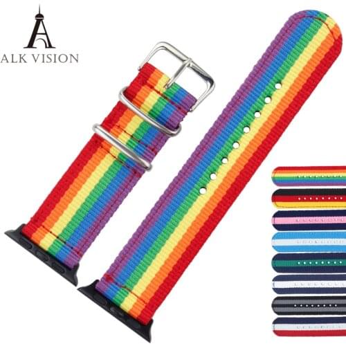 ALK Nylon Apple Watchband 44mm LGBT Pride Rainbow Canvas Apple Watch Band Belt Strap for iWatch 4/3/2/1 38 40 42 44mm Accessory