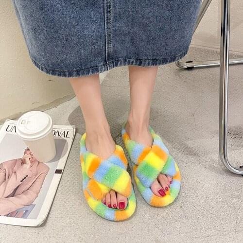 Summer Fluffy Raccoon Fur Slippers Shoes Women Colorful Flip Flop Flat Furry Fur Slides Outdoor Sandals Woman Amazing Shoes