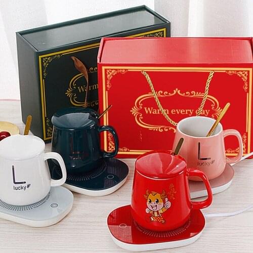 Thermostat 55 Degrees Warm Cup USB Electric Mug Set with Cover Spoon Heating Milk Coffee Mug Warmer Household Office Best Gift