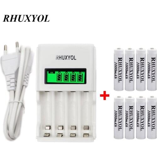 RHUXYOL LCD fast Charger Cargador for NiMh NiCd cell with 8PCS 1.2V Ni-MH AAA 1000mAh Rechargeable Battery accumulator bateria