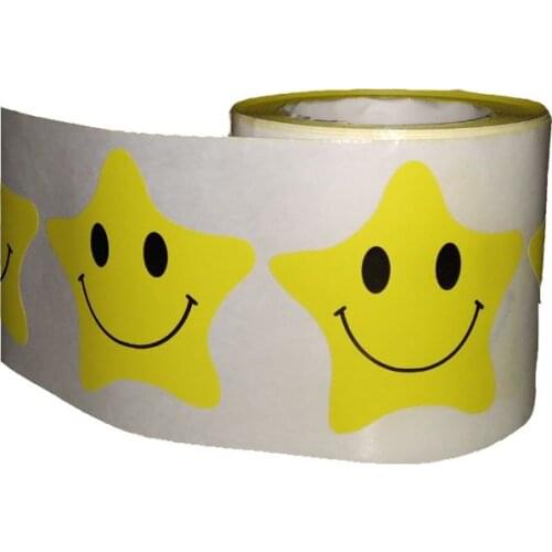 Yellow Happy Face Star Shape Stickers 2 Inch 500 Adhesive Labels