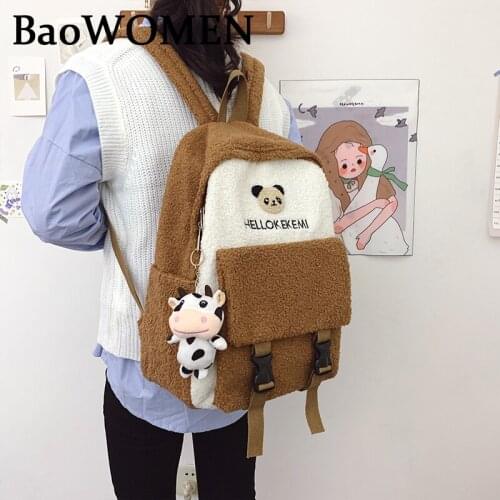 BaoWomen Women Backpack Fashion Soft Velvet School Bags For Teenage Girls Cartoon Black Green Travel Backpack Bookbags