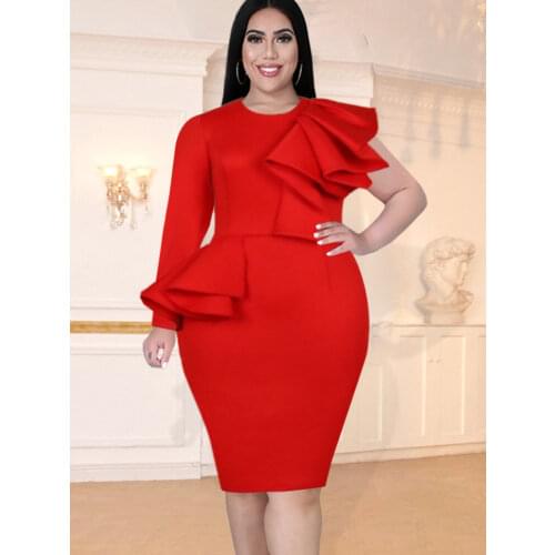 ONTINVA Plus Size Dresses Long Sleeve Autumn Women O Neck Ruffles Bodycon Knee Length Peplum Dress for Ladies Event Party 2021