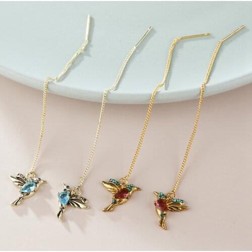 1 Pair Unique Long Drop Earrings Bird Pendant Tassel Crystal Drop Earrings Ladies Jewelry Design 2 Colors Hummingbird Earring