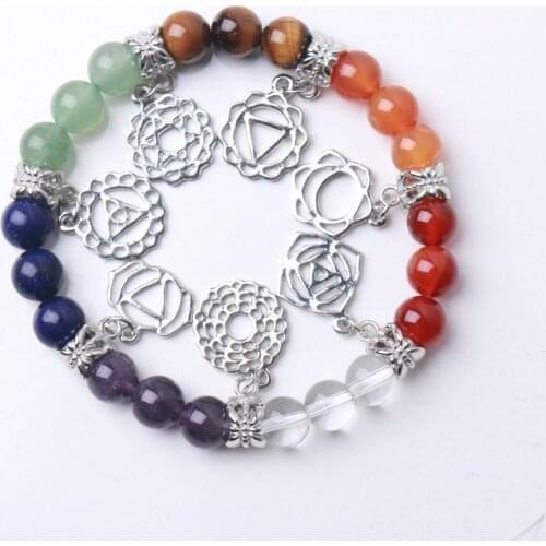 1pc Natural Crystal mineral charm Chakra Bracelet with fashion Yoga symbols Pendant