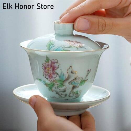 150ML Peony Painting Cover Bowl Tea Set Plum Bamboo Hand-painted Tea Tureen Cup Gaiwan Tea Porcelain Pot Travel Beautiful Kettle