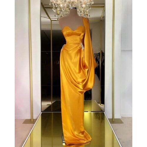 Gold Prom Dresses Sexy Sweetheart Sleeveless Sweep Train Mermaid Satin Evening Dresse One Shoulder vestidos de fiesta de noche