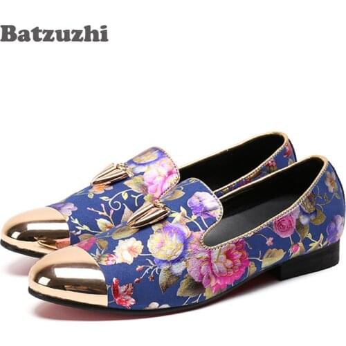 Batzuzhi Handmade Men Shoes Gold Metal Shark Tooth Shape Tassels Mens Wedding and Party Loafers Men Flats Size US 4-US12