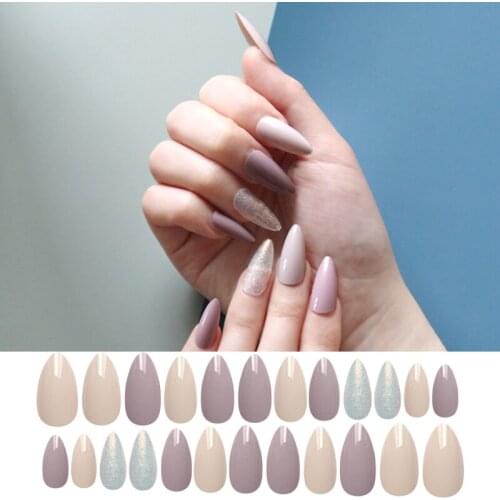 Glitter False Nails Popular Color On 24pcs Long Tip Patch Pure Color Nail Chip Extensions Artificial Nail Art Accessories