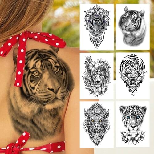 Black Tiger Temporary Tattoo For Women Men Adult Kids Realistic Lion Leopard Flower Tattoos Sticker Fake Demon Back Tatoos Paper