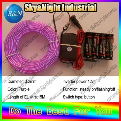 DIY falshing neon flexible el wire light 3.2mm-Purple- 15M+12v Inverter(8AA Battery case) for decoration clothes+free shipping