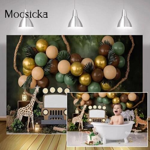 Jungle Newborn Animals Cake Smash Backdrop Green Forest Safari Party Background Woodland Kids Baby Birthday Protrait Photography