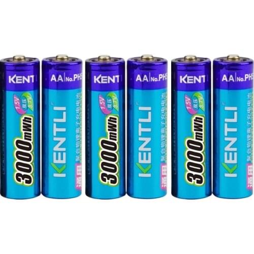 KENTLI 6pcs/pack High Capacity free shipping lithium ion batteries 3000mWh 1.5V lithium polymer battery rechargeable AA battery