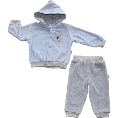 Pierre Cardin Licensed Velvet Hooded Polka Dot 2'li Suit-Blue Gray