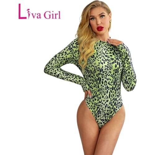 LIVA GIRL Green Leopard Print Womens Bodysuits Sexy High Collar Long Sleeve Bodysuit Jumpsuit Female Body Tops Skinny Rompers