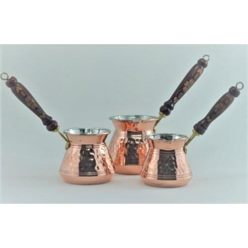 Hand Hammered Copper Turkish Coffee Pot 3 pieces Ibrik Vintage Jazzva Briki Brass Handle FREE SHİPPİNG