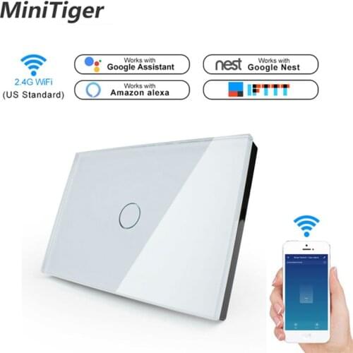 Minitiger US Standard WIFI Smart Touch Switch APP Wireless Remote Light Wall Touch Switch Crystal Glass Panel With Alexa/Google