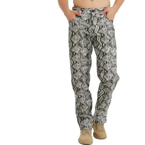 Snakeskin Print PU Faux Leather Side Zipper Men Skinny Pants Animal Pattern Medium Elasticity Trousers Casual Pants