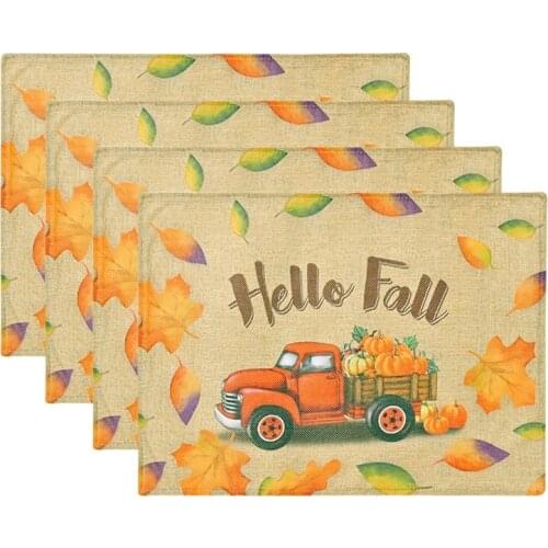 Thanksgiving Placemats Set Of 4, With Pumpkin Maple Leaf Printed, Fall Harvest Table Mat For Thanksgiving Decor
