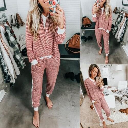 2020 Autumn and Winter Womens Home Wear Two-piece Set, Printed Stripe Stitching Casual Long-sleeved Trousers Cotton Pajamas Set