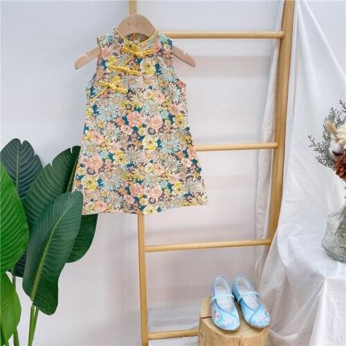 2021 Summer New Childrens Girls Stand-up Collar Floral Cheongsam Dress Childrens Wear Baby Girl Floral Princess Vest Dress