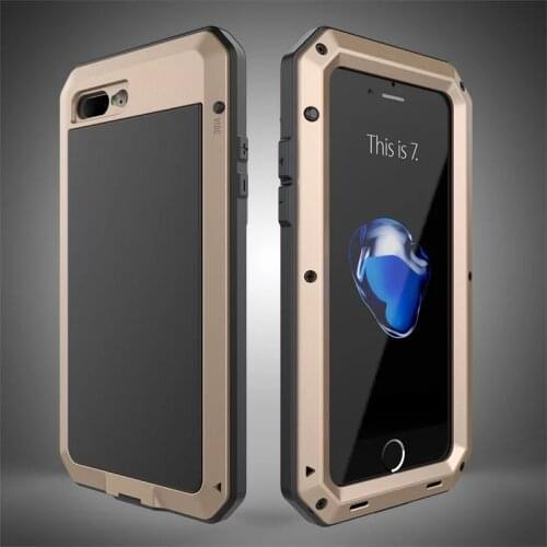 R-JUST Luxury Doom armor Dirt Shock Life Waterproof Metal Aluminum Phone Bags Case For iphone 7 8 Plus +Tempered glass