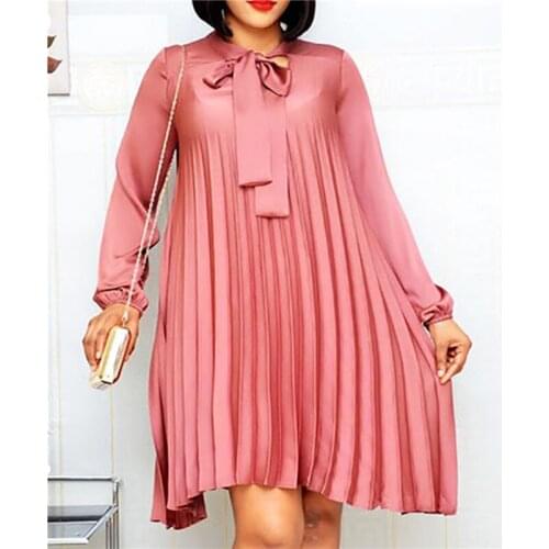 Plus Size Pleated Dresses with Bowtie Long Lantern Sleeves Knee Length Women Fashion Summer Autumn Female African Vestidos New