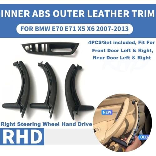 RHD Right Hand Drive Black Car Inner Interior Door Pull Handle Trim Cover W/ Outer Leather Armrest For BMW E70 E71 X5 X6 07-2013