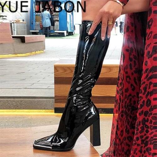 Metal Decor Square Toe Women Long Boots Elastic Patent Leather Knee High Boot 9CM Chunky High Heel Botas Mujer