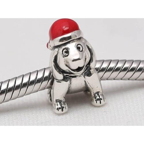 Authentic S925 DIY Jewelry Cute Christmas Dog Charm fit Lady Bracelet Bangle Girl Gift Bead Charm Red Enamel