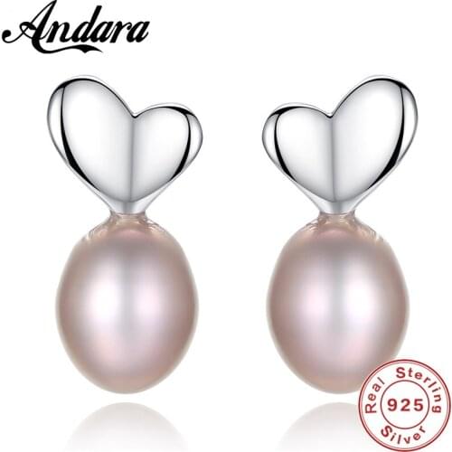 7-8mm Purple Freshwater Pearl Stud Earrings Sterling Silver 925 Jewelry Fashion Simple Heart Earring for Women