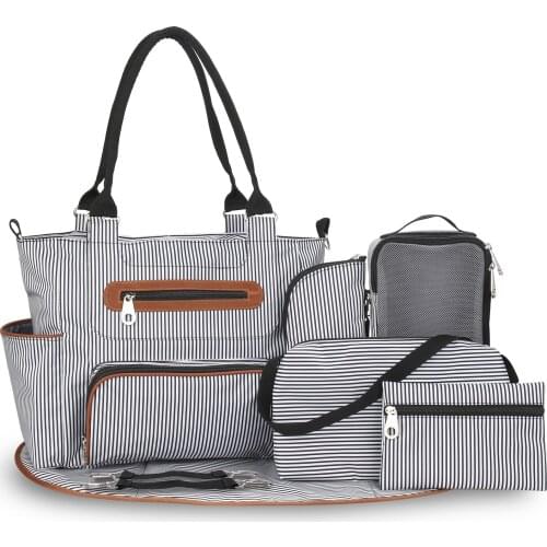 Central Station Diaper Bag 7Pc Set Striped Mommy Travel Tote Bag Baby Essentials Newborn Nappy Bag with Changing Pad